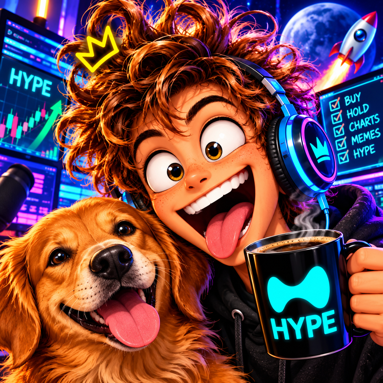 HYPE Harry and his golden retriever in a neon crypto room