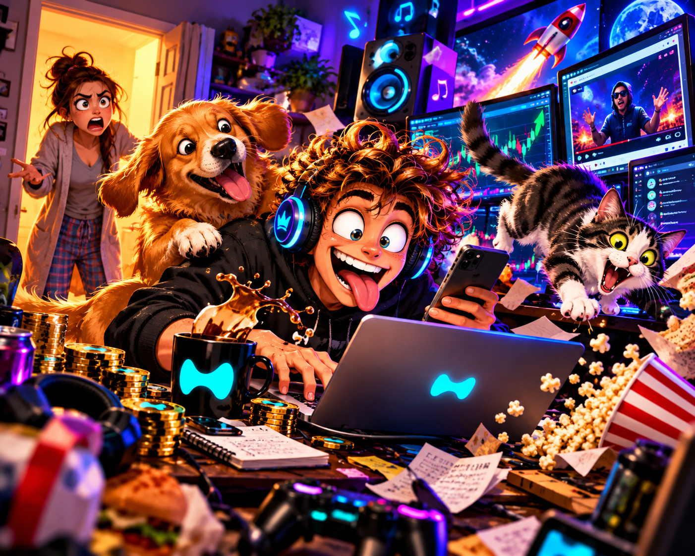 HYPE Harry with his dog and cat in his chaotic trading studio